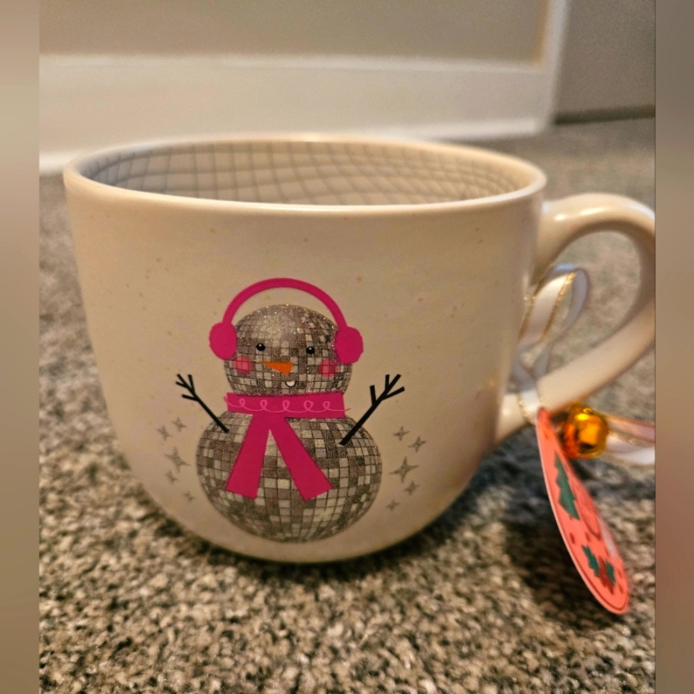 Pink Disco Snowman Mug Adorable Cute Christmas NWT